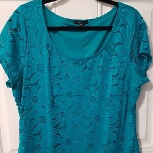 Tiana B. Teal Floral Lace Dress Daisy Overlay Spring Summer XL Pullon.